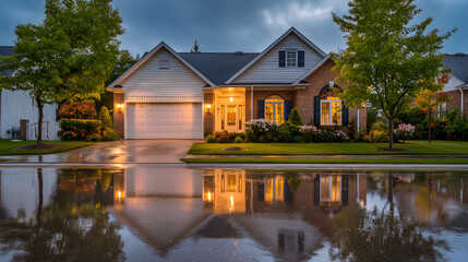 Fototapeta premium Traditional Single Family Home Exterior After Rain with Wet Pavement