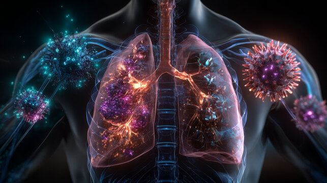 Holographic concept of lung cancer display, lung disease, treatment of lung cancer, lung illness such as pneumonia, viral infections or cancer  3d rendering