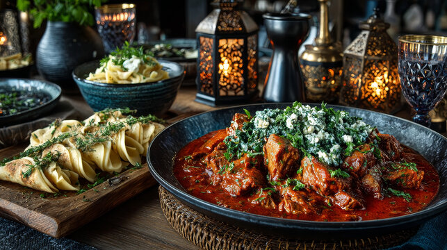Food banner of meat cut into strips. Pan with goulash stroganoff meal on rustic wooden plate