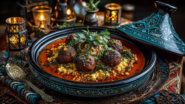 Close Up View of Traditional Tajine Berber Dish Made with Meatballs, Couscous and Savory Curry Sauce Served in Covered Clay Pottery Dish on Decorative Wooden Table with Napkin and Copy Space