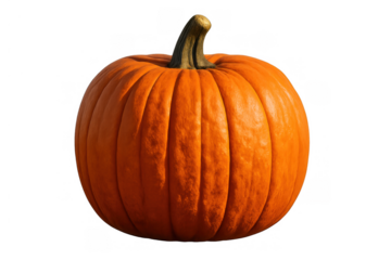 Bright orange pumpkin standing on a transparent background, ready for autumn, halloween, and thanksgiving designs and concepts
