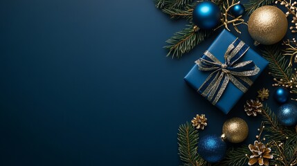 Elegant blue gift box with shimmering ribbon and festive ornaments, creating a luxurious holiday backdrop for seasonal celebrations and winter marketing