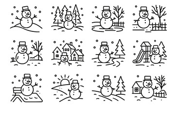 Fototapeta premium Winter cozy snowy icon vector forest slope frosty collection path yard
