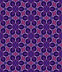 Fototapeta premium Seamless floral pattern with purple and pink tones, combining symmetry, elegance, and modern design for digital and print decoration. Vector image. Hand-drawn.