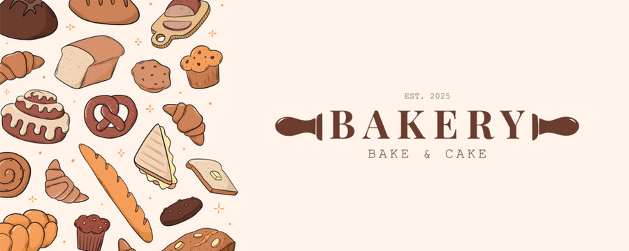 Bakery horizontal banner decorated with bread doodles and text, copy space for posters, prints, cards, etc. EPS 10