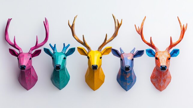 Vibrant geometric deer heads in bold colors create a striking modern art display, adding a pop of personality to any contemporary space.