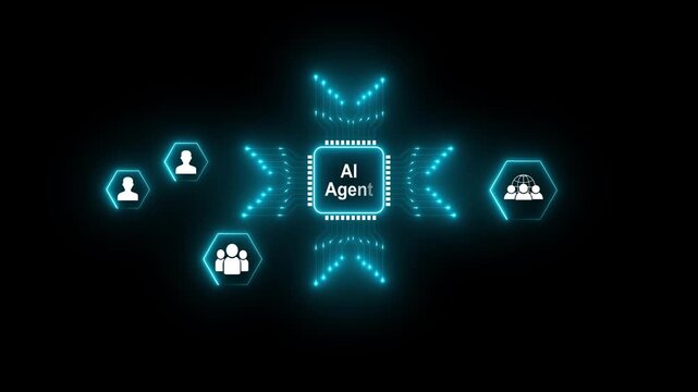 A futuristic ai agent is connected to various digital functions through a glowing green network, representing advanced technology and Motion graphics of AI concept.