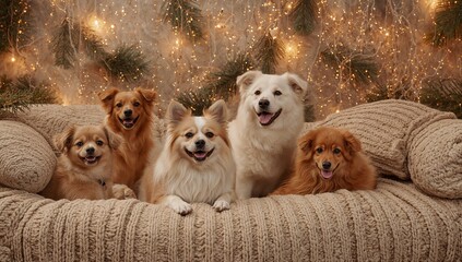 Delightful pack of happy dogs posing together on a cozy blanket with festive fairy lights and evergreen branches creating a warm, inviting holiday atmosphere.