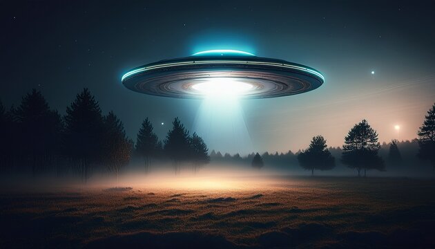 a ufo hovering over a field at night with trees and fog illuminated by a bright light underneath it - Powered by Adobe