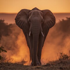 Obraz premium Epic Golden-Hour Elephant Silhouette in African Savannah With Dust Clouds and Dramatic Warm Light