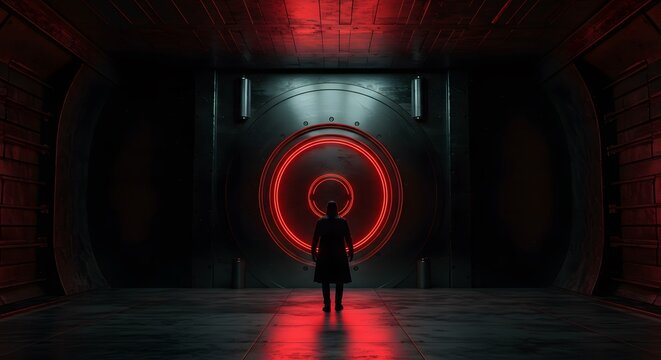 Black Friday, Mysterious figure standing before a glowing portal in a dark fut