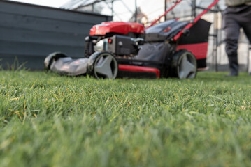 Close-up of fresh grass with blurred lawn mower in background during mowing.