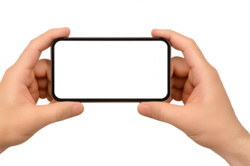 Male hands holding a smartphone horizontally with blank screen for mockup. Isolated on transparent background, png