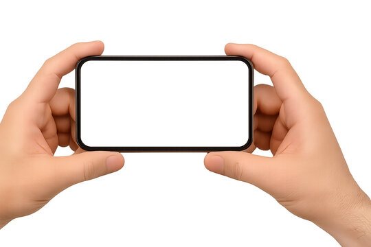 Male hands holding a smartphone horizontally with blank screen for mockup. Isolated on transparent background, png