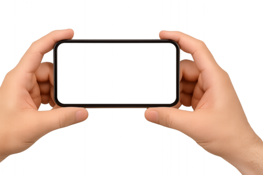 Male hands holding a smartphone horizontally with blank screen for mockup. Isolated on transparent background, png