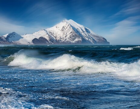 majestic snowcapped mountain peak and turbulent ocean waves