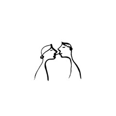 Minimalist sketch of two people facing each other with their lips touching in a kissing gesture art