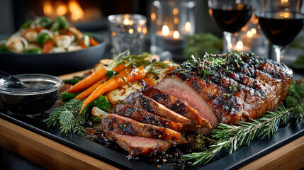 Close Up of Boar Steak Served on Metal Plate with Carrots on Wooden Tray with Evergreen Sprigs