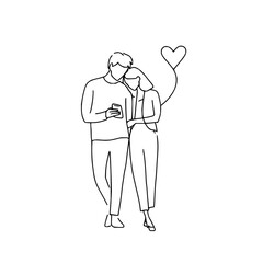 Line drawing of a couple with heart shaped balloon man holding phone woman leaning on him in black and white