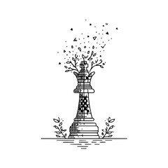 A chess queen piece with sprouting branches and leaves and geometric shapes in black and white line art