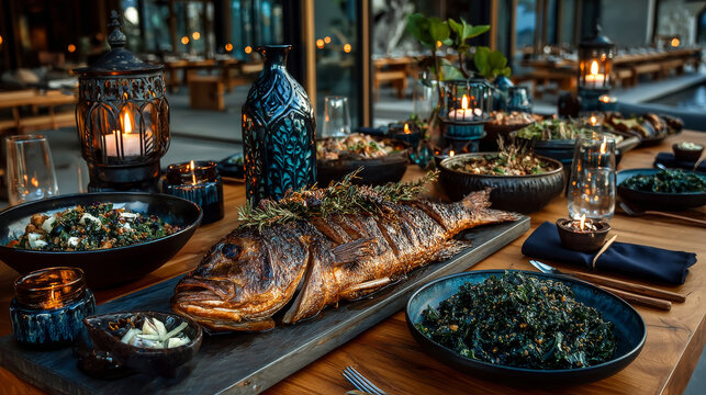 High Angle View of Grilled and Garnished Whole Fish on Wooden Table Surrounded by Other Dishes and Linen Napkins