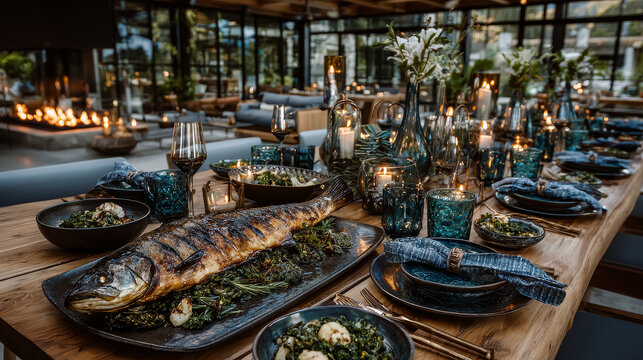 High Angle View of Grilled and Garnished Whole Fish on Wooden Table Surrounded by Other Dishes and Linen Napkins