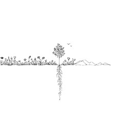 Illustration of a tree with exposed roots growing among flowers and mountains in black and white style © Khizar