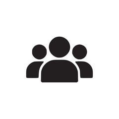 A simple black and white icon depicting a group of three people on a plain white background space