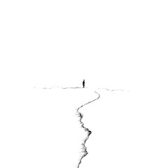 A lone figure standing on a stark white landscape with a jagged line leading to the horizon point view