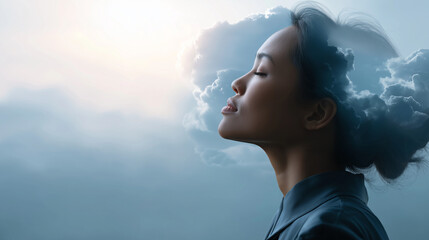 Multiple exposure clouds on woman's silhouette faceless mental health concept defocused weather dependent background psychological wellbeing emotional state visualization atmo