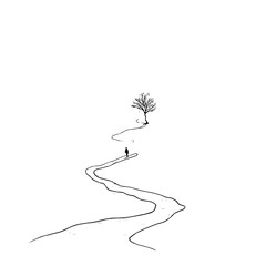 A lone figure walks a winding path towards a solitary tree in a minimalist black and white landscape art