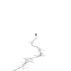 A lone figure walks a cracked path on a white background creating a stark and minimalist composition