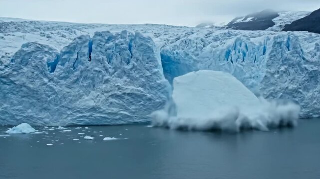 A massive piece of a glacier breaks off and crashes into the cold ocean.