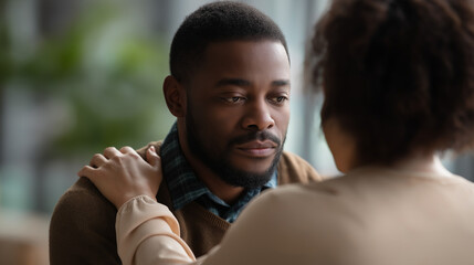 Faceless woman consoling man defocused emotional support background comforting gesture mental health support empathy demonstration psychological care compassionate connection