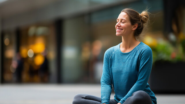 Faceless smiling woman meditating on footpath defocused outdoor background mindfulness practice mental wellness meditation exercise stress relief peaceful contemplation - Powered by Adobe