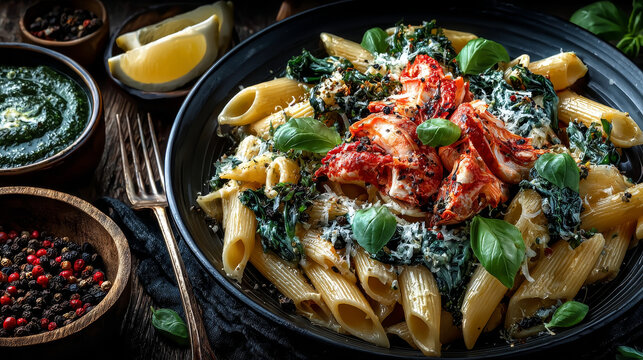 Delicious creamy Italian penne pasta starter with pepper seasoning and fresh basil viewed from above on rustic wooden centered with copy space