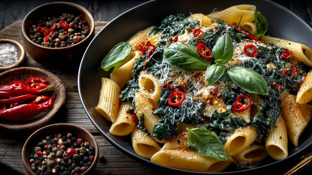 Delicious creamy Italian penne pasta starter with pepper seasoning and fresh basil viewed from above on rustic wooden centered with copy space
