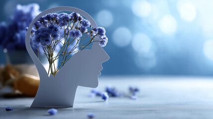 World mental health day concept with paper human head symbol faceless awareness representation defocused blue background with flowers mental wellness psychological health