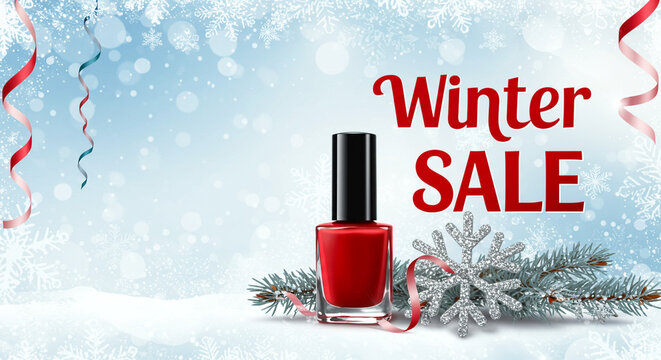 Red Nail Polish with Snowflakes and Ribbons, Winter Sale Promotion and Holiday Beauty Marketing