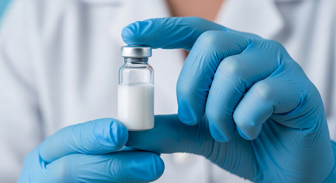 Phlebologist hands holding vial with white liquid in medical laboratory, healthcare and research