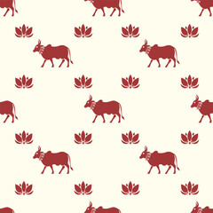 Seamless pattern with a cow and a sun ornament. Red elements. On a solid background. India. Cow. Sun. Harvest. Indian pattern.