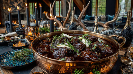 Copper Pot of Venison Goulash Stew Seasoned with Fresh Herbs Surrounded by Evergreen Sprigs and Deer Antlers