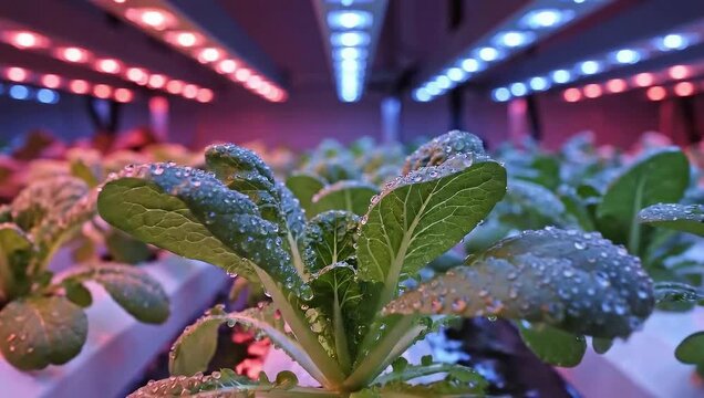 Hydroponic Plants Under LED Lights: Illustrating the symbiotic relationship between technology and nature.