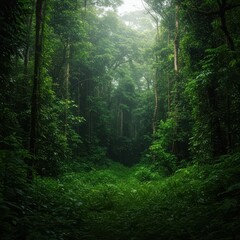 Fototapeta premium A breathtaking view of a dense, vibrant jungle canopy illuminated by soft shafts of light filtering through the overwhelming tropical foliage, lush, rainforest, environment