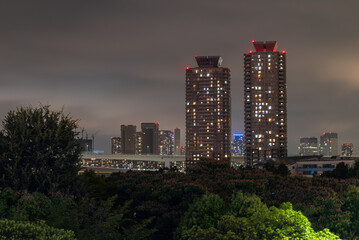 Panoramic view on the Raibow Bridge and Tokyo City from the artificial Odaiba Island, Tokyo, Japan