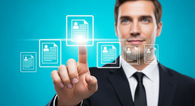 Businessman interacting with virtual resume icons on digital interface, job application and candidate selection in corporate recruitment - Powered by Adobe