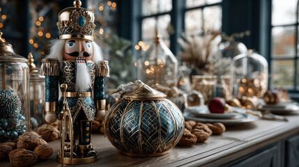 Obraz premium Close up Nutcracker Toy and Nuts on Wooden Table Near Window Pane. Captured on Christmas Holiday Season.