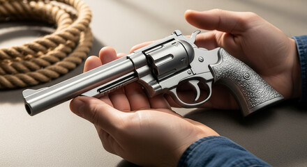 Male hands holding vintage revolver toy in bright light environment, non-functional prop for cosplay and theater