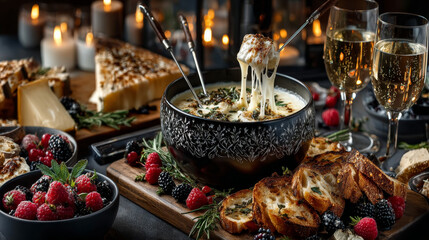 Two forks with toasted baguette being dipped into a pot of traditional Swiss cheese fondue with raclette in close up