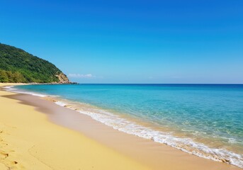 A vibrant landscape showing the meeting of clear blue ocean waves and the pristine golden sand of a remote tropical seashore ,surf ,sunny ,vacation